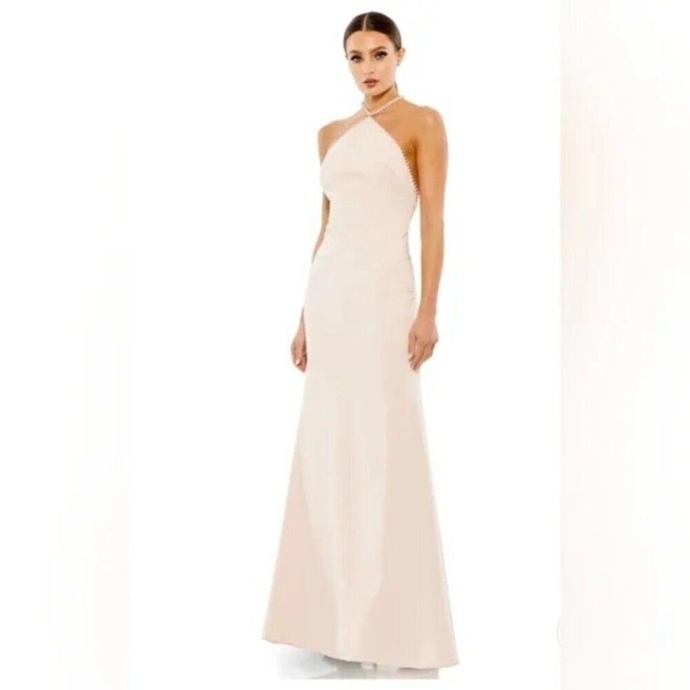 NWT Mac Duggal 26580 Rhinestone Halter Column Gown Porcelain Maxi Dress Size 14